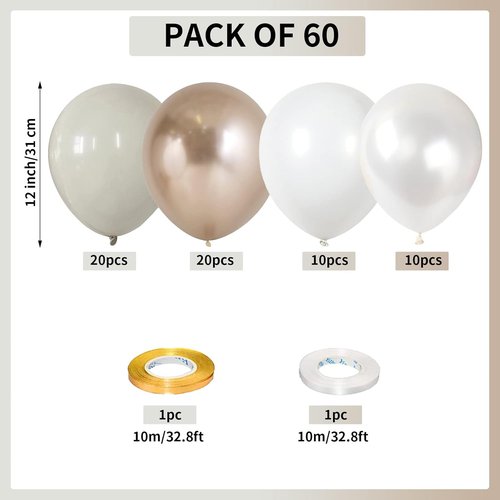 Champagne Gold & White Balloons - 60 Pcs Beige, Metallic Gold & Pearl White for Birthday & Wedding Decor