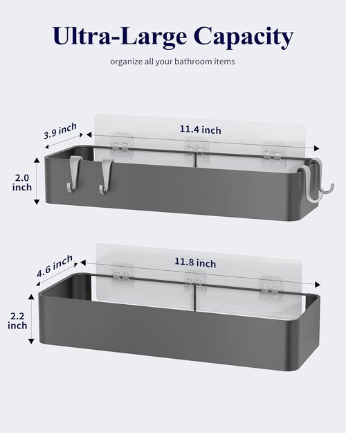 Kitsure Shower Caddy | 2 Pack Adhesive Organizer - Rustproof Metal Shelves, No-Drill, Large, Grey