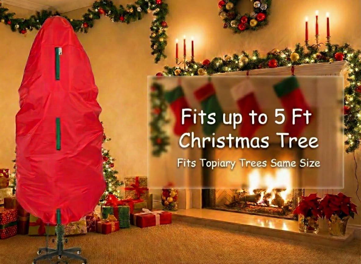 Upright Christmas Tree Storage Bag - Durable Dustproof Cover for 5 Ft Artificial Trees | Easy to Use, Red