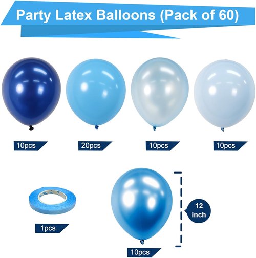 Bezente Blue Balloons Set - 60pcs 12 Inch Metallic & Pastel Blue Latex Balloons for Parties