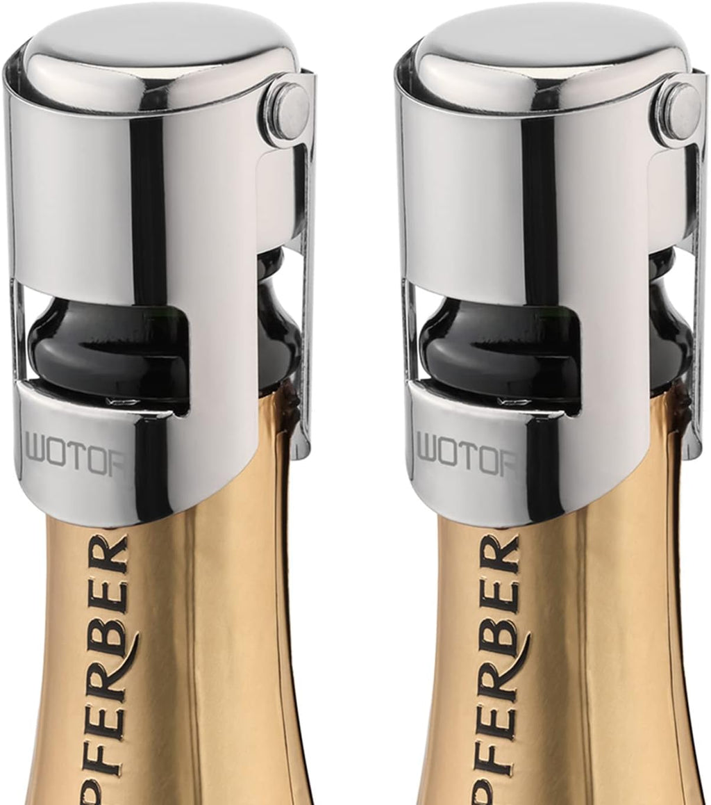 WOTOR Champagne Stoppers with Stainless Steel Champagne Bottle Stopper with Food Grade Silicone Reusable Champagne Cork, Saver Suitable for Champagne, Cava, Prosecco, Sparkling Wine (Silver, 2pack)