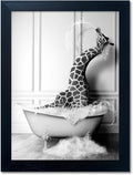Skiennix Framed Animal Bathroom Wall Art - Funny Giraffe in Bathtub Canvas Print | Black and White Decor for Kids' Bathrooms
