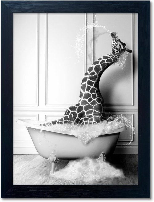 Funny Giraffe in Bathtub Canvas Wall Art - Black and White Bathroom Decor by [Brand Name]