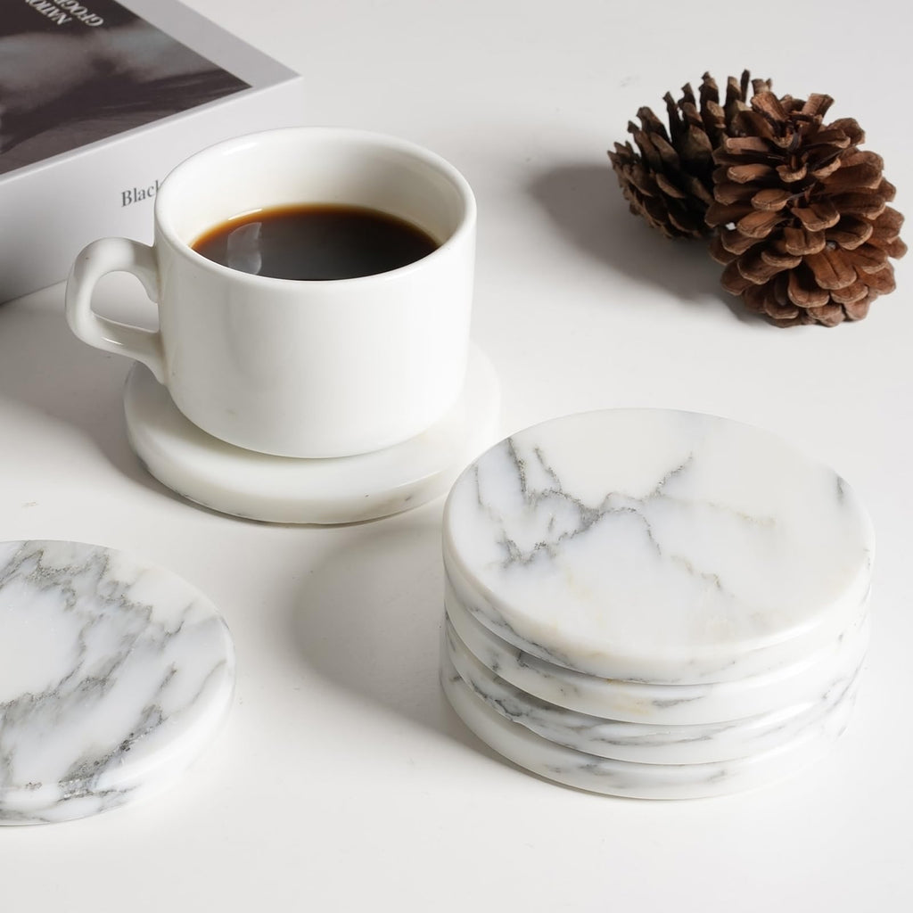 BCS Marble Coasters Set of 5 with Holder, Square Stone Drink Coasters for Coffee, Wine and Cocktails, Non-Slip Durable Cup Mats, Elegant Home, Bar & Kitchen Table Decor (Crema Beige)