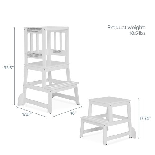 Dream On Me 2-in-1 Funtastic Tower and Step Stool, Toddler Step Tower for Learning & Play, Safety Rails, Anti-Skid Pads, Non-Slip Strips & Stabilizer Fins for Safe Counter Activities - White