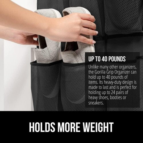GORILLA GRIP Shoe Organizer & Headboard Gap Pillow Bundle - 24 Pockets Black & King Size Gray for Head and Neck Support