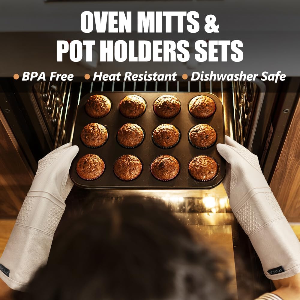 Rorecay Silicone Oven Mitts Set - Extra Long, High Heat Resistant 500°F | 6-Piece Non-Slip Kitchen Gloves
