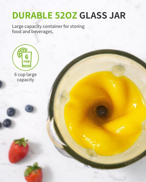 GDOR 1200W Blender - Smoothies & Shakes with 52 Oz Glass Jar & 22 Oz To-Go Cup | 6-Blade, 3 Speeds, Self-Cleaning