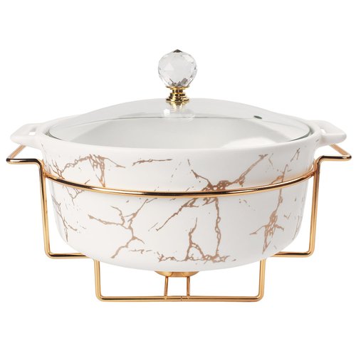 jinsongdafa 9-inch Ceramic Casserole with Glass Lid and Gold Rack, 2.6-Quart Stockpot, Buffet Hot Pot, Family Food Warming Tray, Party Catering Casserole