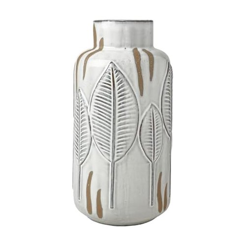 Mikasa Embossed Leaves White and Beige Ceramic Vase, 5.31x5.31x10.63 Inch