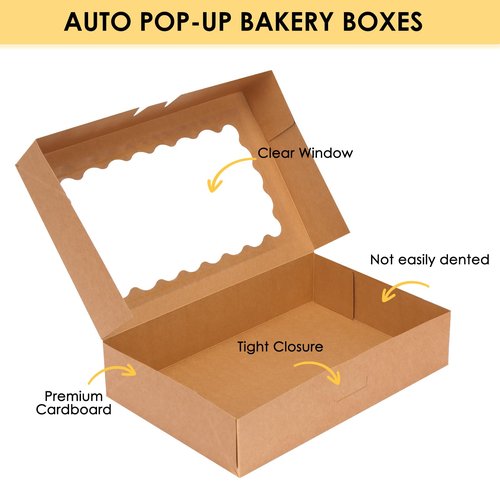Moretoes 15pcs Bakery Boxes, 12x8x2.5 Inches Auto-Popup Cookie Boxes with Windows for Chocolate Covered Strawberries, Donuts, Pastries (Brown)
