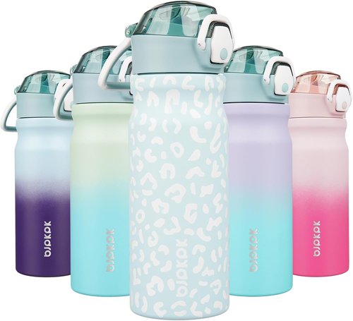BJPKPK Insulated Water Bottle - 18oz Stainless Steel Flask with Straw & Carry Handle | Light Blue Leopard