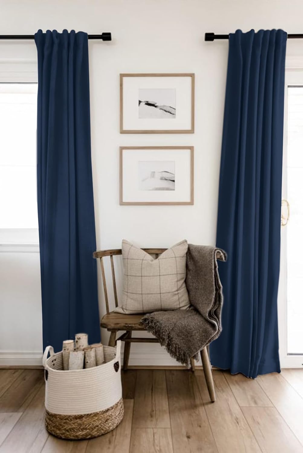 Skiennix 100% Blackout Linen Curtains - Thermal Insulated Drapes for Bedroom | 50" W x 90" L, Midnight Blue