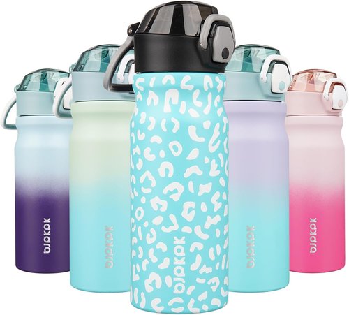 BJPKPK Insulated Water Bottle - 18oz Stainless Steel Flask with Straw & Carry Handle | Sky Blue Leopard