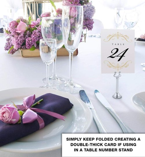 Classic Flourish Wedding Table Numbers, Gold, 1-50, Double Sided, Tent or Use in a Stand, Great for Parties & Restaurants - Made in the USA