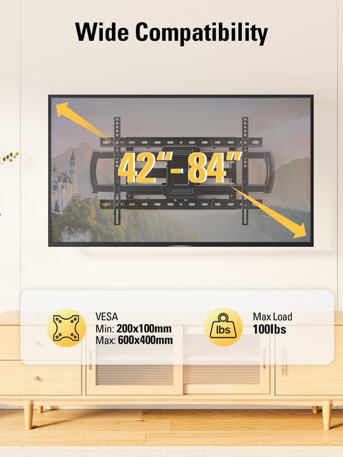 Mounting Dream TV Wall Mount for Most 42-84 Inch TVs, Full Motion Wall Mount Bracket with Articulating Arms , Max VESA 600x400mm , Up to 100LBS , Fits 16" , 18" , 24" Studs