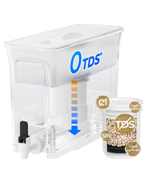 Waterdrop 0 TDS 35-Cup Slim Water Filter Dispenser, Large Capacity, Reduces TDS, Chlorine, PFOA/PFOS and More, BPA Free, White (with 1 Filter)