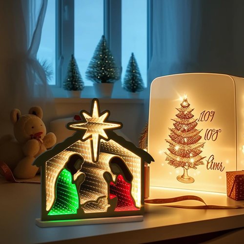 MEETYAMOR Nativity Sets for Christmas Indoor, Nativity Scene Infinity Mirror Tunnel Light, Nativity Scene with Manger for Home Living Room Mantel Table Centerpiece Christmas Decorations