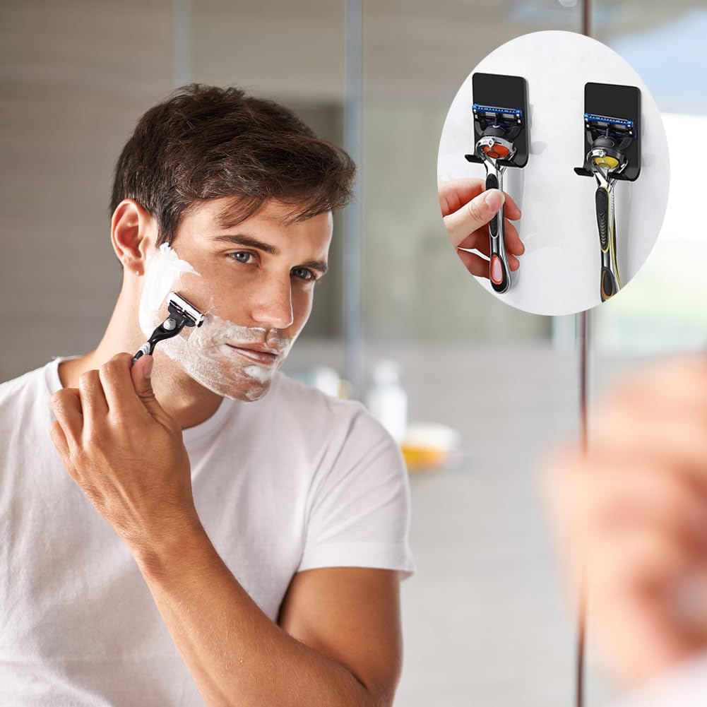 Skiennix Razor Holder - Heavy Duty Self-Adhesive Stainless Steel Hooks | 2-Pack Bathroom Organizer