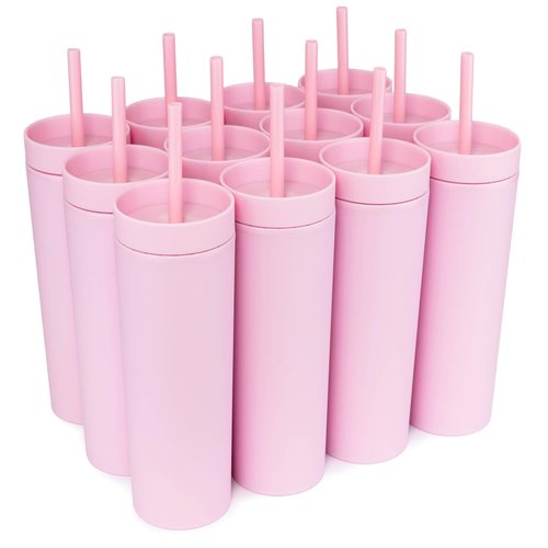 STRATA CUPS Pink Skinny Tumblers with Lids and Straws (12 pack) - 16oz Double Wall Acrylic Tumbler, Tall Matte Skinny Tumblers, Bulk with Free Straw Cleaner, Reusable Cups