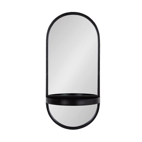 Kate and Laurel Estero Modern Metal Oval Mirror with Rounded Shelf; 11 x 25; Black; Decorative Contemporary Capsule Shelf Mirror for Storage and Display