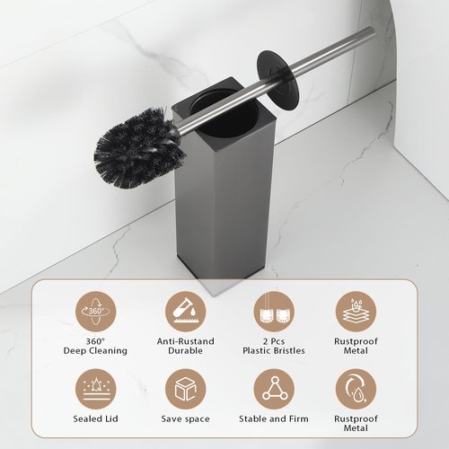 BGL Standing Toilet Brush and Holder GunGrey Aluminium Toilet Bowl Cleaner Brush and Holder for Bathroom Storage and Organization, Square Design Sturdy and Space Saving