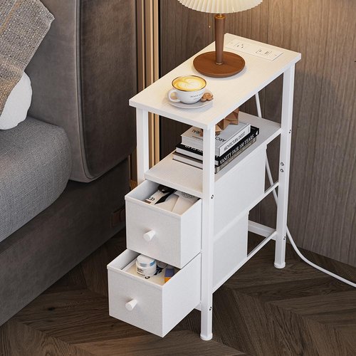 VIMBER 2 Set Narrow Side Table for Small Spaces, Skinny End Table with Charging Station, Sofa Beside Table with 2 Drawers 1 Open Compartment, Slim Nightstand with USB Ports Outlet, White UTBT005W2V2