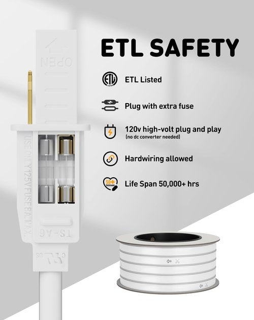 Shine Decor LED Rope Lights AC 120V, Connectable & Cuttable Dotless 120LEDs/M Eco Neon Strip Lighting, ETL IP65 Waterproof & Weather-Resistant for Home Commercial, 8x16mm, 6000K Cool White, 32.8FT