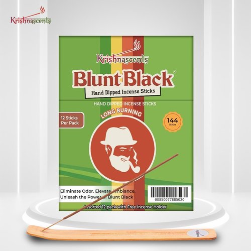 Krishnascents Blunt Black Hand-Dipped Incense Sticks | Premium 144 Packs - 12 Variety Scents, 11" Long | Aromatherapy with Long Burn Time (12 Pack, 144 Total Sticks) I Free Wooden Stick Holder