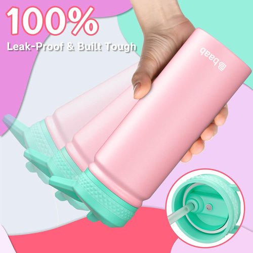 Baab Insulated Kids Water Bottle - 18oz Stainless Steel with Straw & Stickers | Pink & Purple, 2 Pack