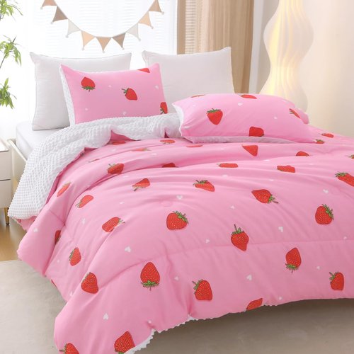 Gusuhome Girls Strawberry Comforter Set Full Size Pink Bedding Set for Kids Teens 3 Piece Young Lady Kawaii Bedding Bed in a Bag All Season