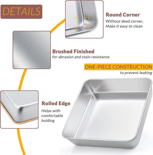 E-far Stainless Steel Square Cake Pan Set - 3-Piece Non-Toxic Bakeware | Easy Clean & Dishwasher Safe