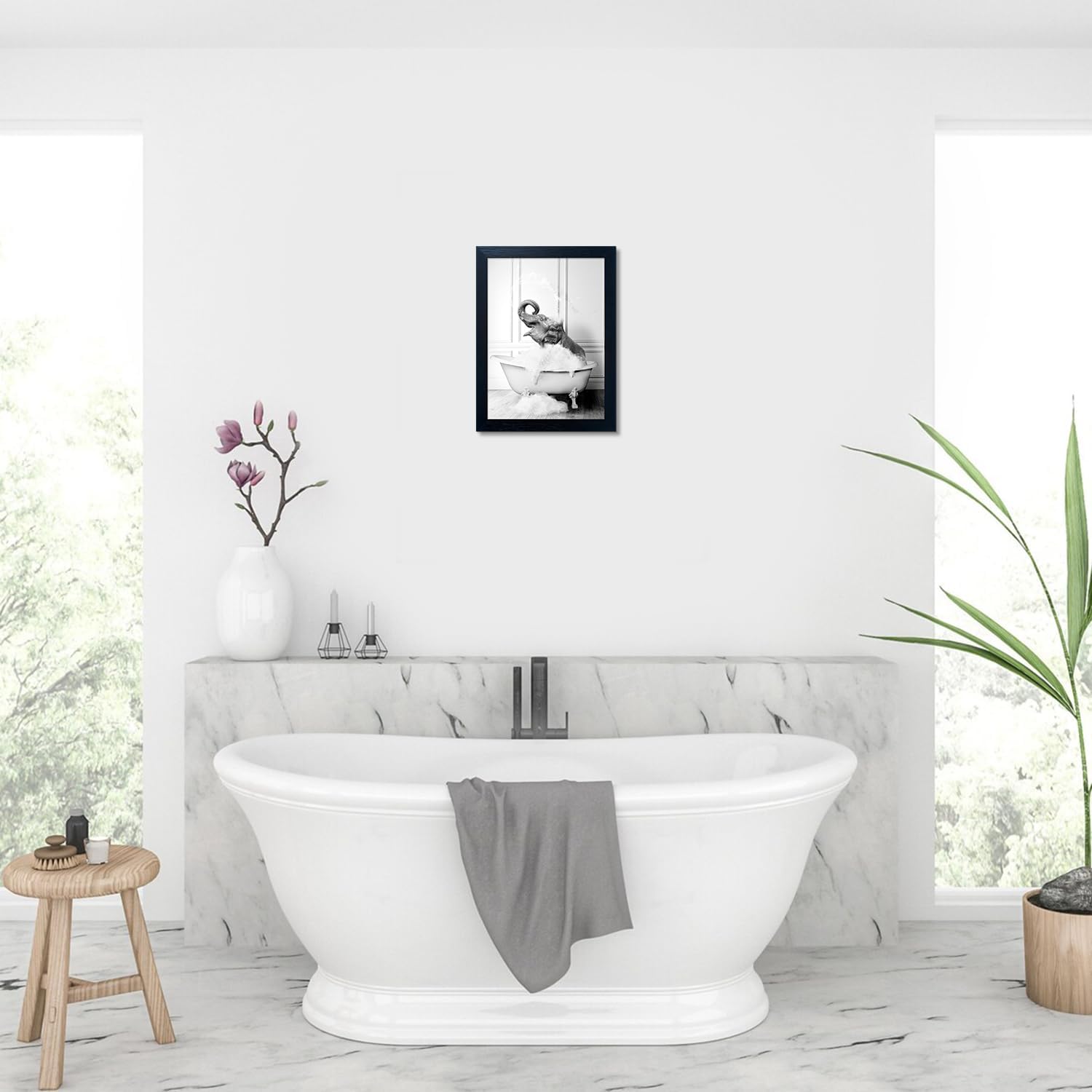 Regine Switzerland Framed Bathroom Decor - Funny Elephant in Bathtub Canvas Art | Black and White Wall Print