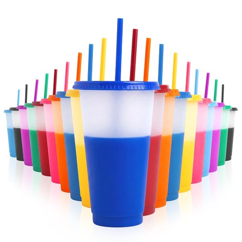 EXITOGLOBAL 19pcs 24oz Color Changing Cups with Lids and Straws, Color Changing Tumbler, Reusable Cups with Lids in Multicolors Perfect for Cold Drinks, Cold Coffee, Smoothie etc