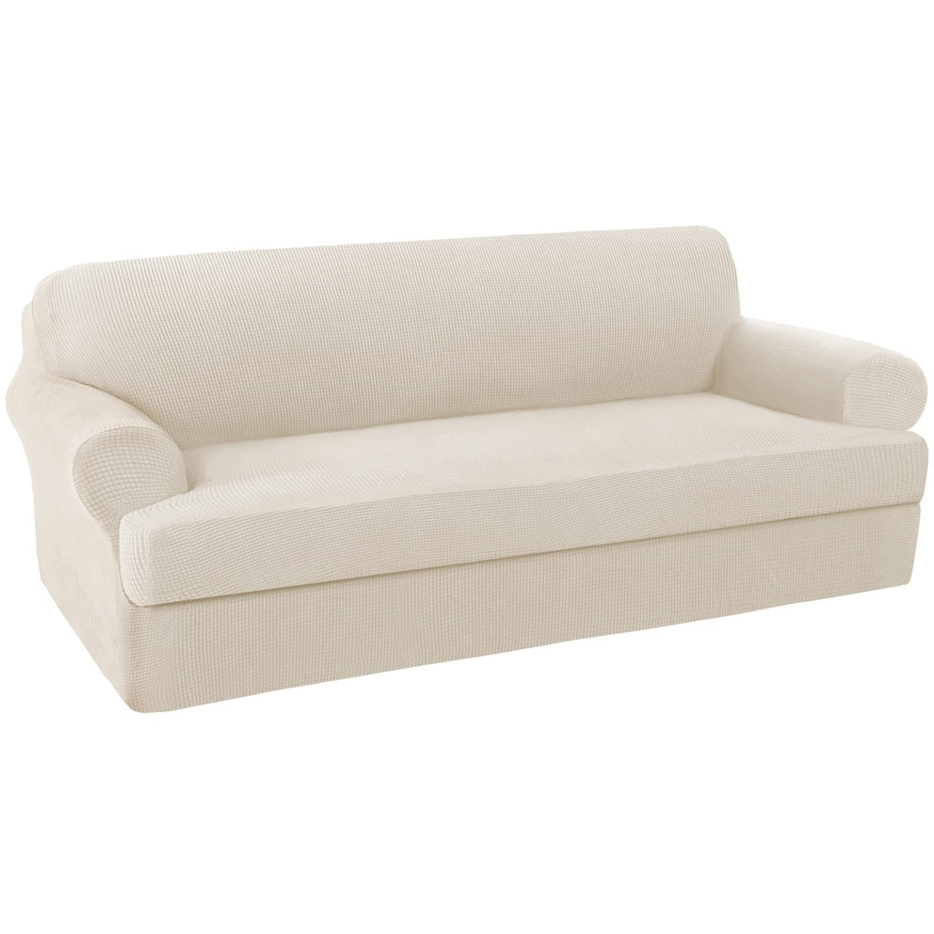 H.VERSAILTEX 2 Separate Pieces Stretch Couch Covers Sofa Cover Suit for T Cushion/Box Cushion High Spandex Jacquard Soft Couch Covers for 3 Cushion Couch, Sofa 72"-88" (Sofa, Ivory)