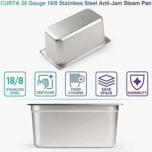 CURTA 6 Pack Anti-Jam Hotel Pans, 1/3 Size 6 Inch Deep, NSF Commercial 18/8 Stainless Steel Chafing Steam Table Pan, Catering Storage Metal Food Pan