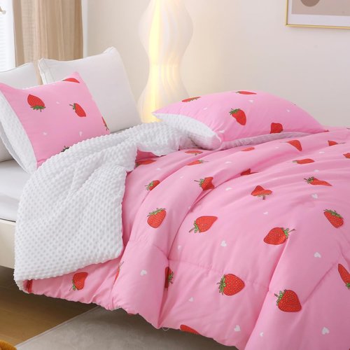 Gusuhome Girls Strawberry Comforter Set Full Size Pink Bedding Set for Kids Teens 3 Piece Young Lady Kawaii Bedding Bed in a Bag All Season