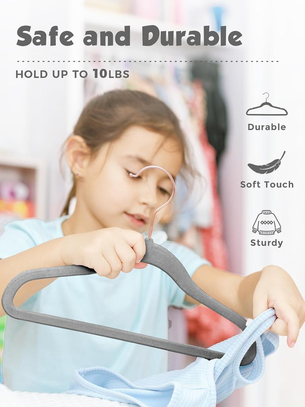 Smartor Kids Velvet Hangers - 50 Pack Premium Non-Slip Felt Hangers for Toddler Clothes | 14 Inch Grey with Rose Gold Hook