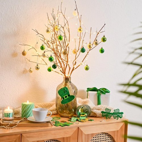 DecorbyHannah St Patricks Day Decorations Shamrock Irish Tree Ornaments Set, 25ct 1.18inches Mini Green Gold St. Patrick's Day Shatterproof Luck Clover Small Hanging Ornament for Christmas Day Party
