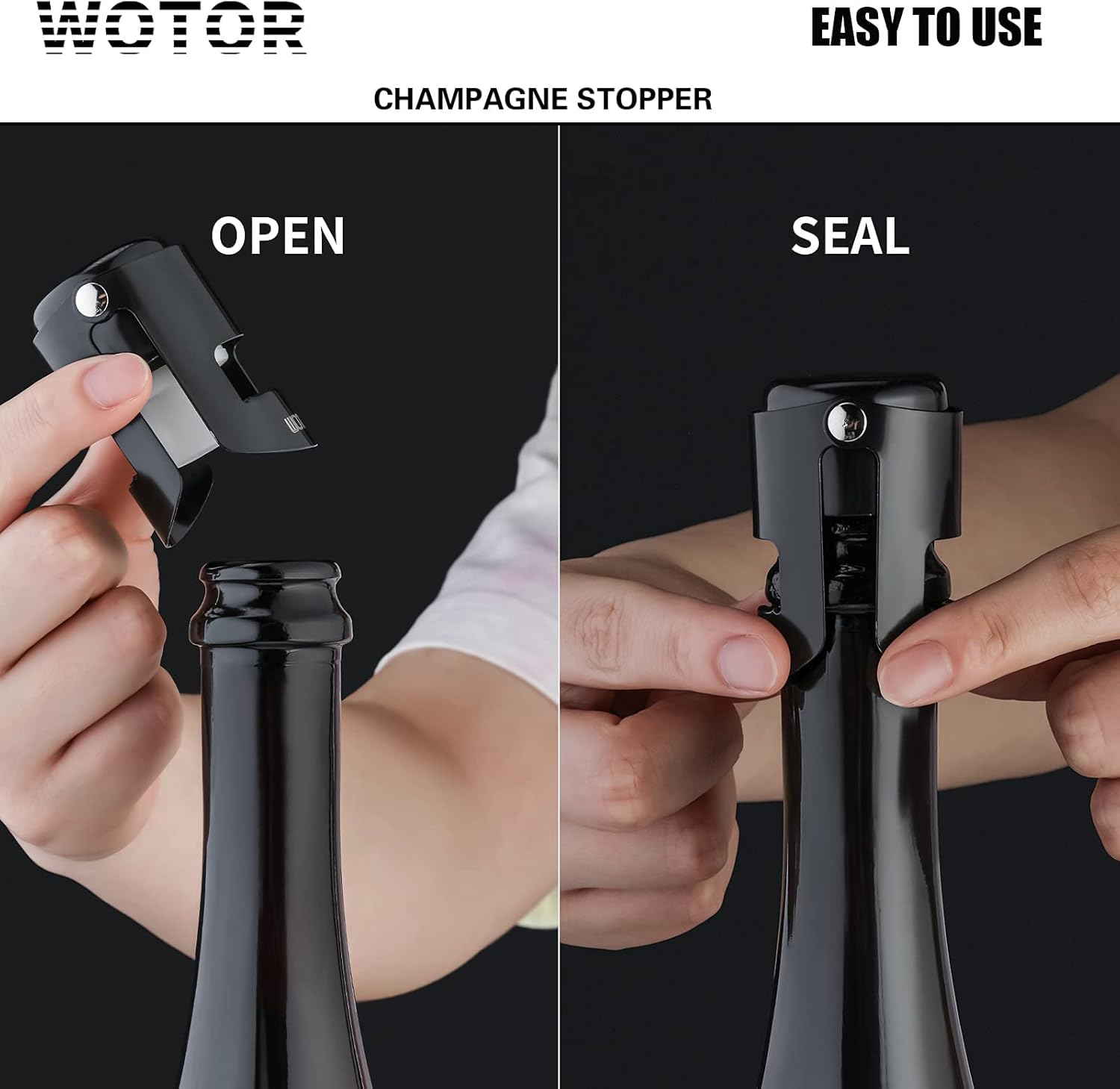WOTOR Champagne Stoppers with Stainless Steel Champagne Bottle Stopper with Food Grade Silicone Reusable Champagne Cork, Saver Suitable for Champagne, Cava, Prosecco, Sparkling Wine (Black, 2pack)