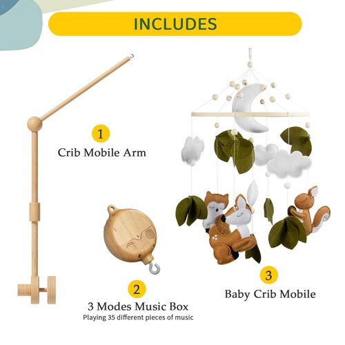 FEISIKE Woodland Animals Theme Bassinet Baby Nursery Mobiles with Modes Digital Music Box 3In1 Set-34 Inch Wooden Mobile Arm for Crib Mobile Hanger for Crib Baby Nursery Decor