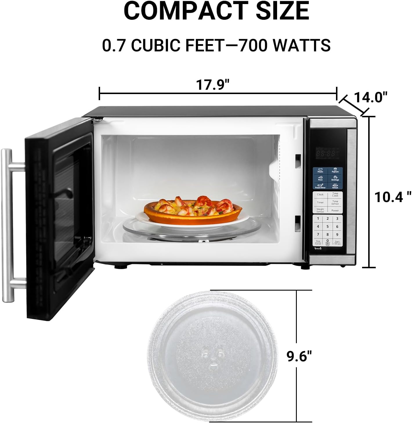 Smad 0.7 Cu.Ft Mini Microwave - 700W Compact Countertop with Removable Turntable & Child Lock | Stainless Steel