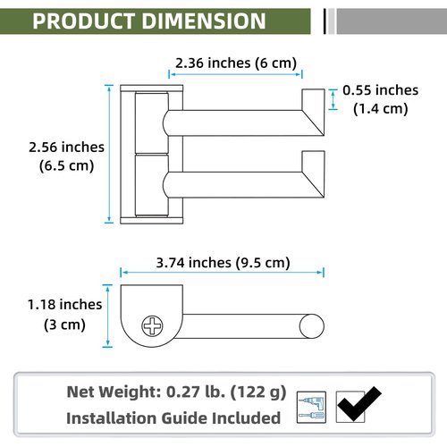 APLusee Swivel Towel Hook 2 Arms Matte Black, 304 Stainless Steel Bathroom Double Towel Holder, Folding Robe Hook Wall Mounted