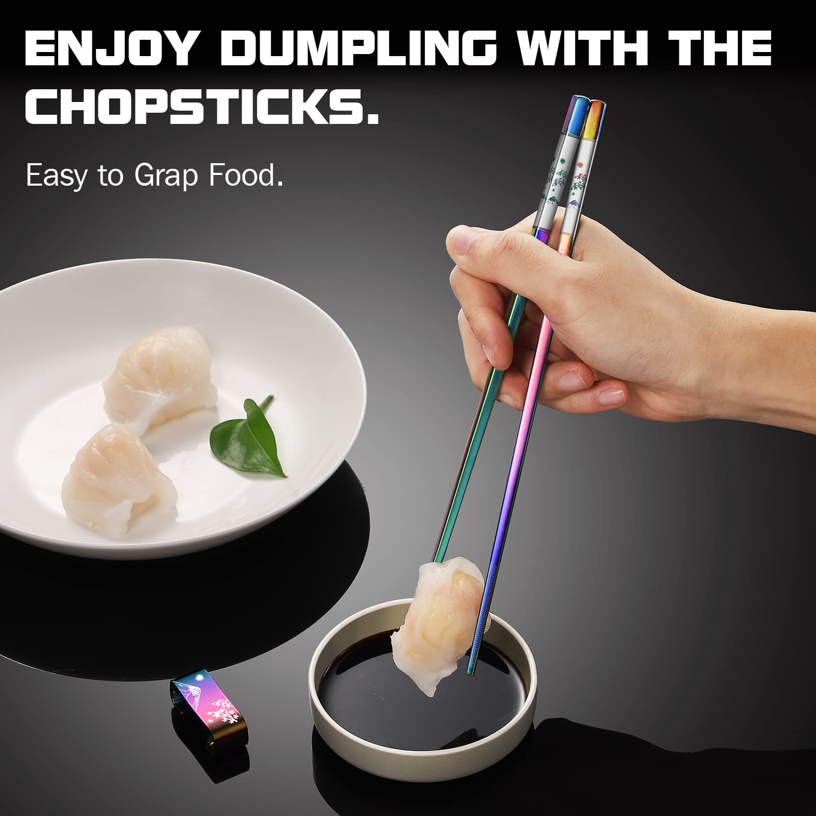 TIICOO Metal Chopsticks Reusable 2 Pairs Titanium Plated 18/8 Stainless Steel Chopsticks with Holder, Dishwasher Safe Non-Slip Japanese Style Laser Engraved Chop Sticks Gift Set (Rainbow)