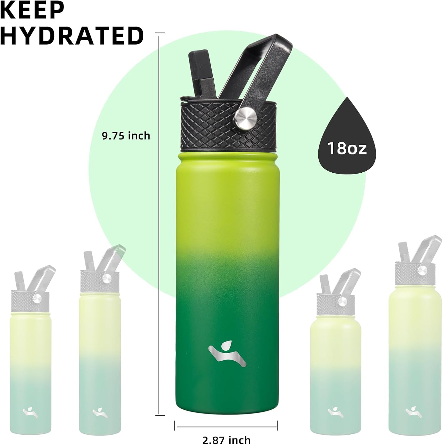 Skiennix 18 oz Insulated Stainless Steel Water Bottle - Durable Sport Bottle with 3 Lids | Bamboo Grove