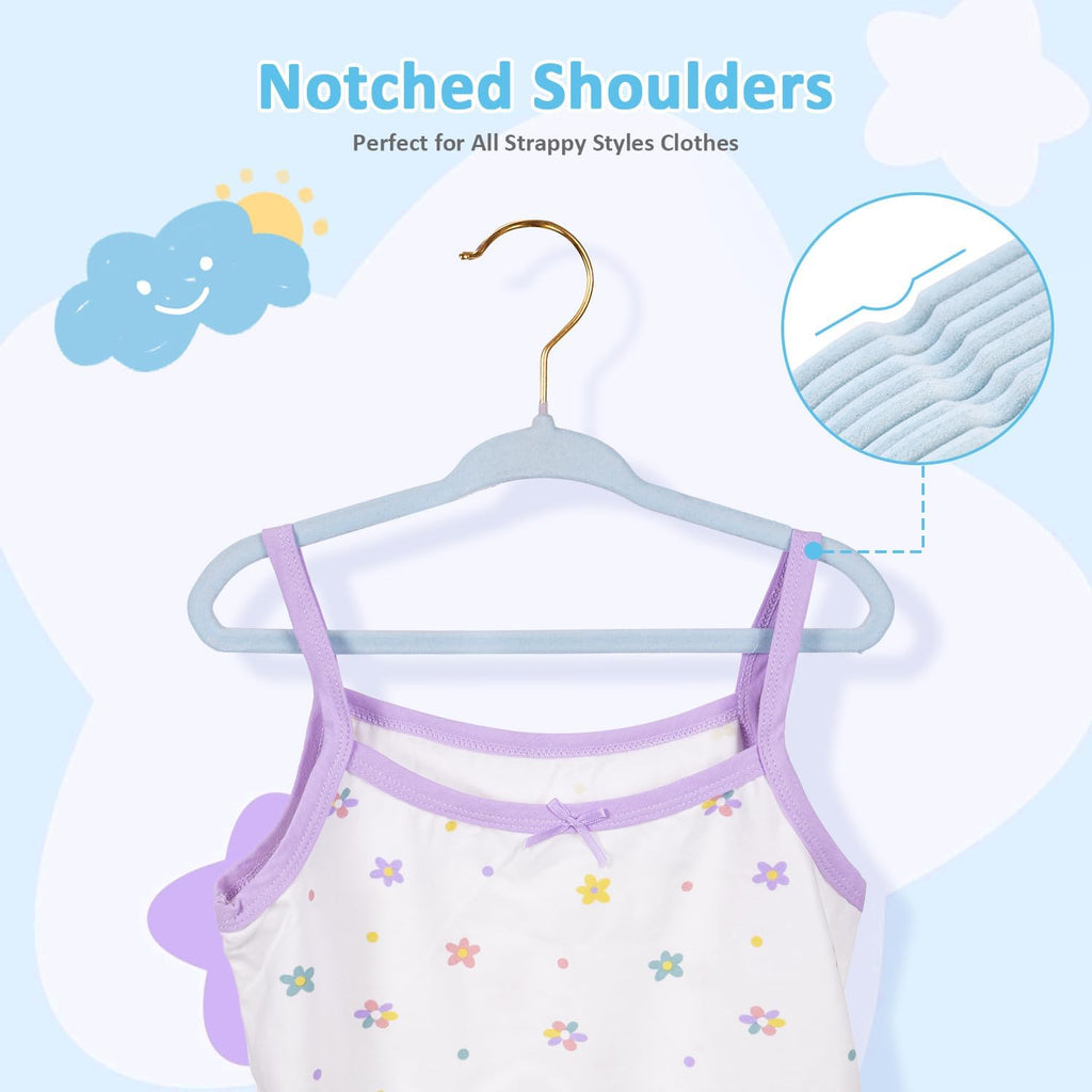 Tonswachic 11-Inch Baby Closet Hangers - Soft Velvet Non-Slip Design with 10 Clips | Blue 30-Pack