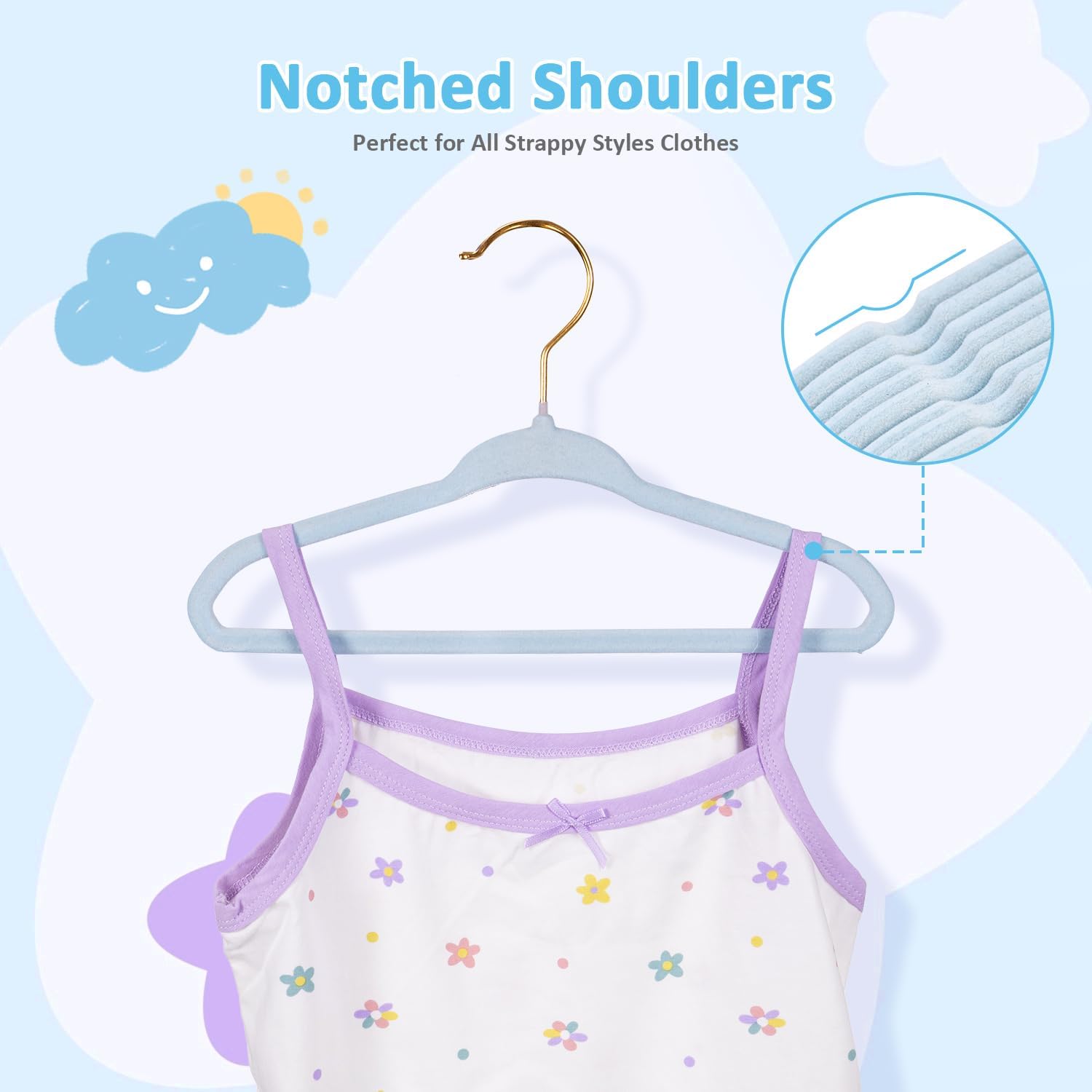 Tonswachic 11-Inch Baby Closet Hangers - Soft Velvet Non-Slip Design with 10 Clips | Blue 30-Pack