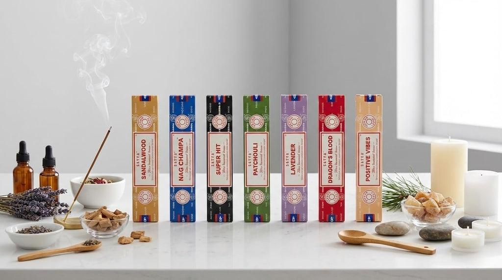 Satya Incense Gift Set - Nag Champa, Dragon's Blood, Sandalwood & Lavender | 15g for Positive Vibes