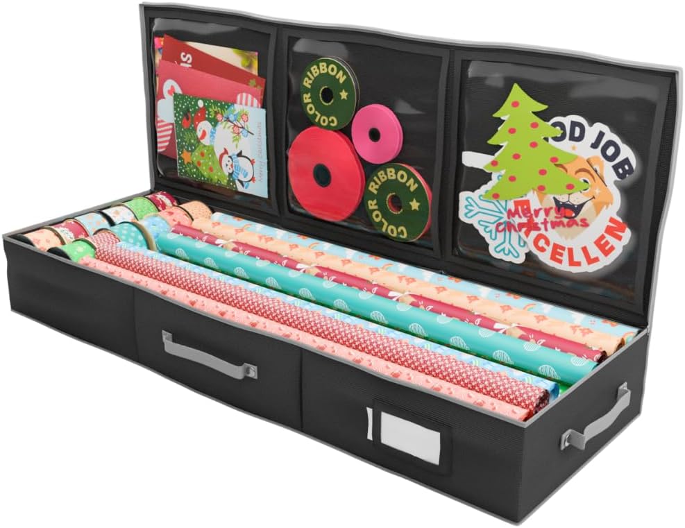 Primode Wrapping Paper Storage Container - Under Bed Gift Wrap Organizer | 41"x14"x6" | Holds 18-24 Rolls Up to 40" | Durable 600D Oxford Material | Includes Pockets for Ribbons and Bows (Black)