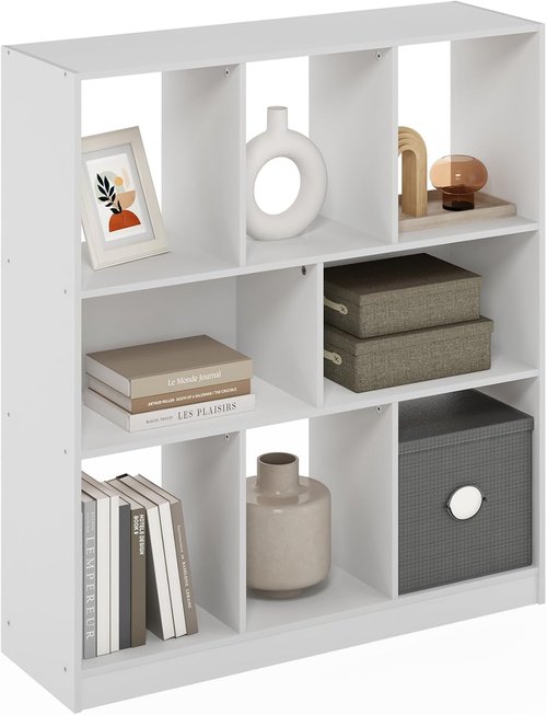Furinno DALY Bookshelf - 8-Cube Horizontal Storage Organizer | White, 10.9 x 35.4 x 39.4 Inches for Home & Office
